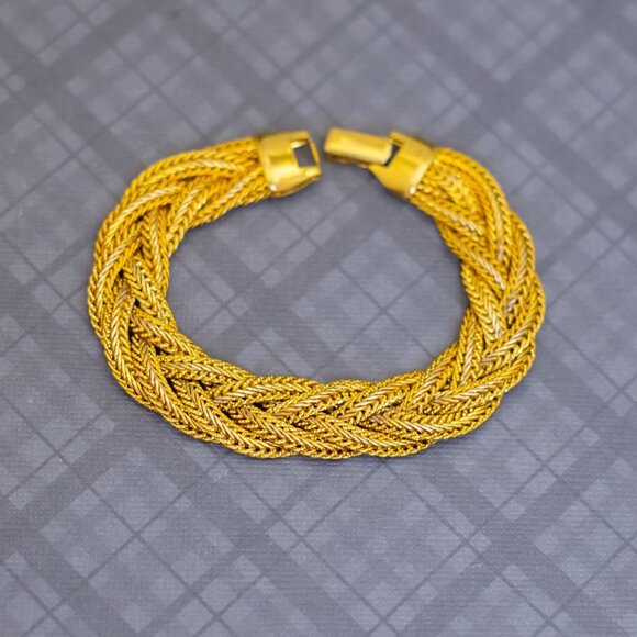 7 inch, Vintage Gold Tone Braids Chain Link Elegant Bracelet, G48 - Picture 1 of 3